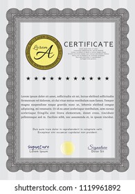 Grey Sample certificate or diploma. Perfect design. With great quality guilloche pattern. Vector illustration. 