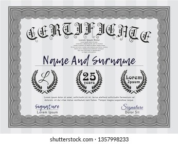 Grey Sample certificate or diploma. Perfect design. Detailed. With great quality guilloche pattern. 