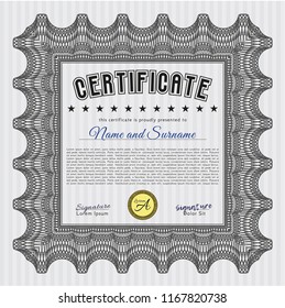 Grey Sample certificate or diploma. Printer friendly. Sophisticated design. Vector illustration. 