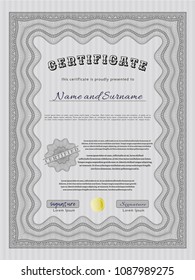 Grey Sample certificate or diploma. Sophisticated design. Printer friendly. Customizable, Easy to edit and change colors. 