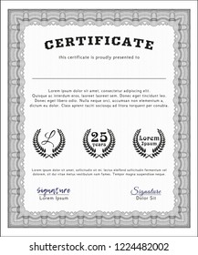 Grey Sample certificate or diploma. Sophisticated design. Vector illustration. Printer friendly. 