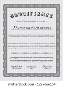 Grey Sample certificate or diploma. Vector illustration. With complex background. Retro design. 
