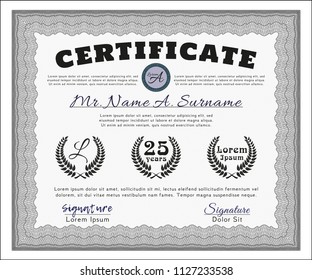 Grey Sample Certificate. Money style design. With complex linear background. Detailed. 