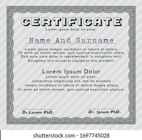 Diploma de muestra gris. Detallado. Con fondo lineal complejo. Diseño cordial. 