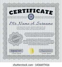 Grey Sample Diploma. Good design. Vector illustration. With guilloche pattern and background. 