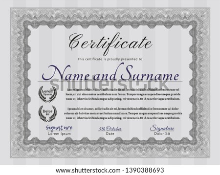 Grey Sample Diploma. With great quality guilloche pattern. Customizable, Easy to edit and change colors. Good design. 