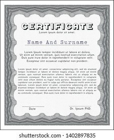 Grey Sample Diploma. Money design. Vector illustration. With complex linear background. 