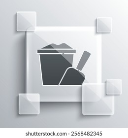 Grey Sand in bucket with shovel icon isolated on grey background. Plastic kid toy. Summer icon. Square glass panels. Vector