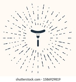 Grey Sausage on the fork icon isolated on beige background. Grilled sausage and aroma sign. Abstract circle random dots. Vector Illustration