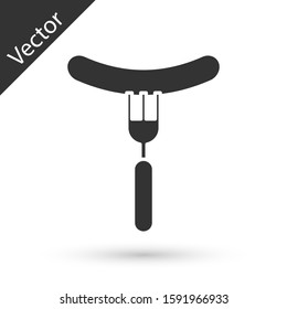 Grey Sausage on the fork icon isolated on white background. Grilled sausage and aroma sign.  Vector Illustration