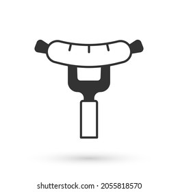 Grey Sausage on the fork icon isolated on white background. Grilled sausage and aroma sign.  Vector