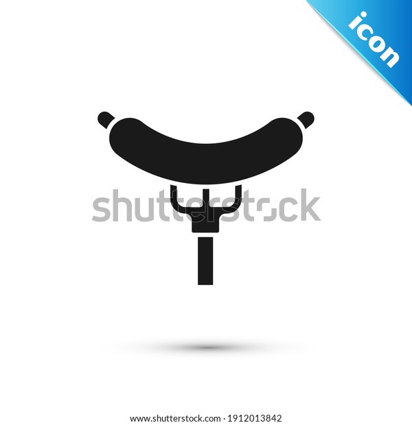 Grey Sausage on the fork\
icon isolated on white background. Grilled sausage and aroma sign. \
Vector