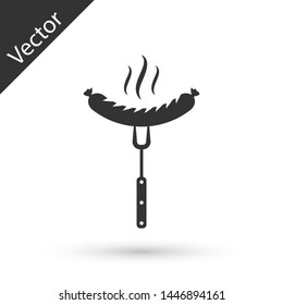 Grey Sausage on the fork with steam icon isolated on white background. Grilled sausage and aroma sign. Vector Illustration