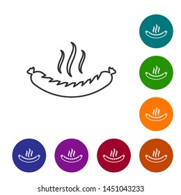 Grey Sausage with steam line icon isolated on white background. Grilled sausage and aroma sign. Set icon in color circle buttons. Vector Illustration