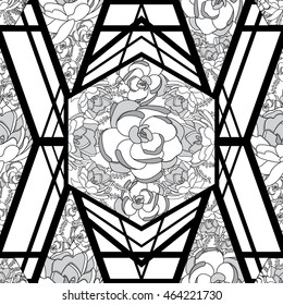 grey scale black and white floral with geometrical look and design, seamless pattern