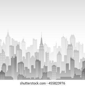 Grey scale high detail vector background composed of lots of illustrations of generic buildings and skyscrapers