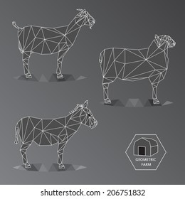 Grey scale illustration of geometric farm animals made of triangle polygons,wire outline, set of medium animals like goat, donkey and sheep - EPS