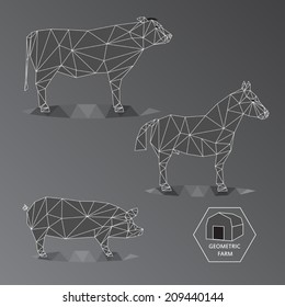 Grey scale illustration of geometric farm animals made of triangle polygons, wire outline, set of big livestock like bull, horse, and hog - EPS 