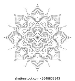 A grey scale mandala design features intricate line art and a circular pattern. The symmetrical floral motif is detailed and decorative. The style is geometric and intricate.