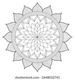 Uma mandala de escala cinza apresenta um padrão de flor geométrica circular com detalhes de linha intrincados e elementos de design simétricos.