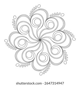 A grey scale mandala featuring swirling circular patterns and small dots. The design is symmetrical and has a repeating motif of overlapping circles and curves. The style is simple and elegant.