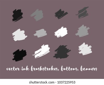 Grey Scale Painted Vector Buttons Set. Textured Borders, Paintbrush Strokes. Black and White Oil Splash, Textured Ads Background. Grayscale Logos, Painted Vector Buttons Set. Graphic Grunge Banners.
