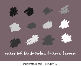 Grey Scale Painted Vector Buttons Set. Stain Borders, Paintbrush Strokes. Black and White Ink Splash, Cool Ads Backgrounds. Grey Scale Logos, Painted Vector Buttons Set. Graffiti Grunge Banners.