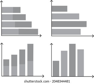 Grey scale vector of four bar charts running both horizonal and vertical. Finance, statistics, data. 