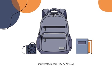Grey school backpack surrounded by a professional camera and a stack of books, representing travel, education, and photography.