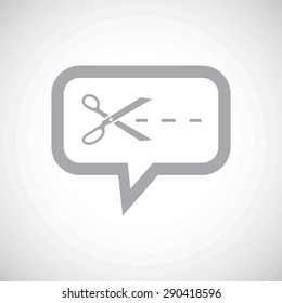 Grey scissors cutting along the line in chat bubble, on white gradient background