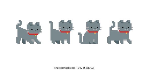 Grey Scottish Cat or Kitten in pixel art - isolated vector. Cute kawaii style pixel cats in retro 8-bit game style. Cute pixel kitten design for stickers, icons, t-shirt screen printing	