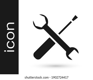 Icono de herramientas de destornillador gris y llave inglesa aislado en fondo blanco. Símbolo de herramienta de servicio.  Ilustración vectorial