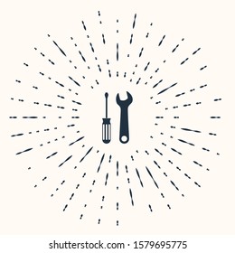 Grey Screwdriver and wrench tools icon isolated on beige background. Service tool symbol. Abstract circle random dots. Vector Illustration