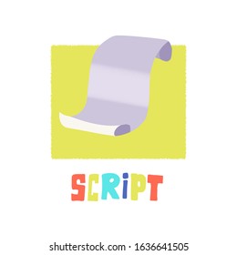 Grey scroll on yellow background with free hand drawing text on yellow background. Vector semi flat illustration of blank page. Free space for text. Script, scenario, page, sticker colorful icon.  
