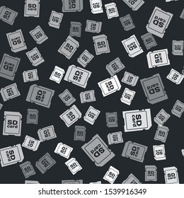 Grey SD card icon isolated seamless pattern on black background. Memory card. Adapter icon.  Vector Illustration