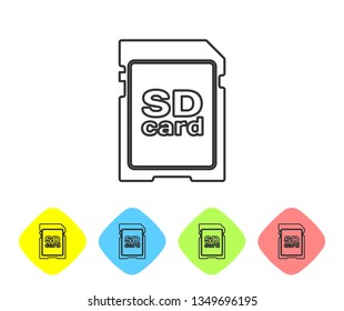 Grey SD card line icon isolated on white background. Memory card. Adapter icon. Set icon in color rhombus buttons. Vector Illustration