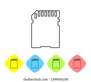 Grey SD card line icon isolated on white background. Memory card. Adapter icon. Set icon in color rhombus buttons. Vector Illustration