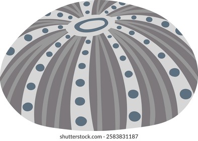 Grey sea urchin shell with blue dots and stripes radiating from center hole, representing marine life, ocean biodiversity, and coastal ecosystems