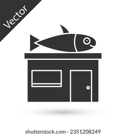 Graue Seafood-Geschäft Symbol einzeln auf weißem Hintergrund. Fassade des Marktes für Meeresfrüchte.  Vektorgrafik