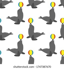 Grey seal animal play with ball seamless pattern