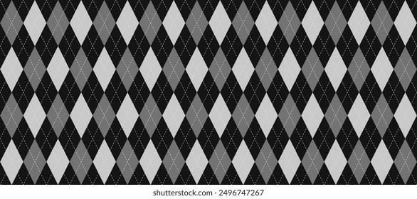 Grey seamless argyle pattern. Rhombus repeated texture background. Diamond forms and stitches for textile design, fabric print, wrapping paper, clothes pattern design. Vector wallpaper