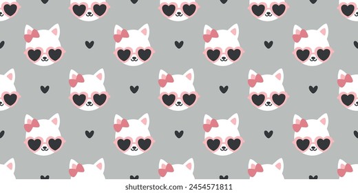 Grey seamless banner with cute cats wearing heart sunglasses