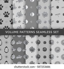 Grey seamless blobs, drops pattern background set, vector illustration