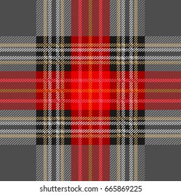 Grey seamless checkered pattern for school uniform. Simple geometric woolen print. Red, blue, white checkers and stripes on black background. Retro textile design collection.