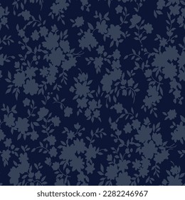 grey seamless floral vector flowers leaves pattern on navy background