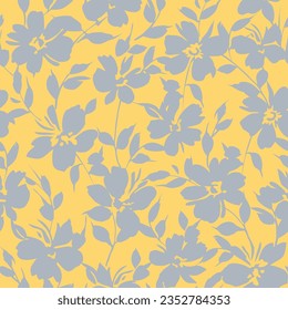 grey seamless floral vector flowers leaves pattern on yellow background