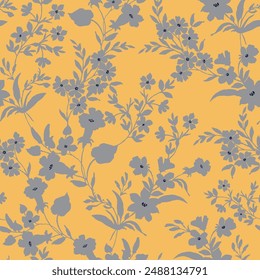 grey seamless floral vector flowers leaves pattern on yellow background