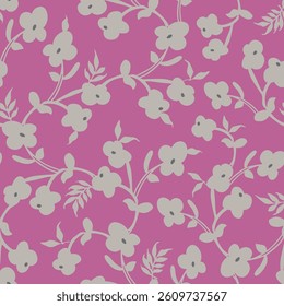 grey seamless floral vector flowers leaves pattern on pink background