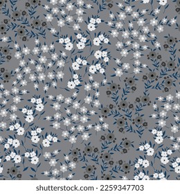 grey seamless floral vector small flowers with blue leaves pattern on grey background