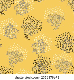 grey seamless floral vector small flowers leaves bunches pattern on yellow background